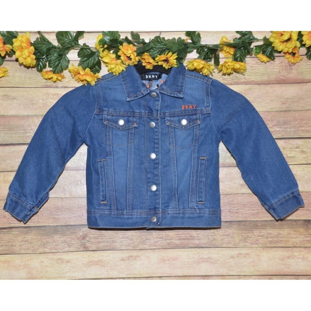 DKNY Girls Denim Blue Jean Jacket Size 4 Embroidered Logo Long Sleeve Button Up